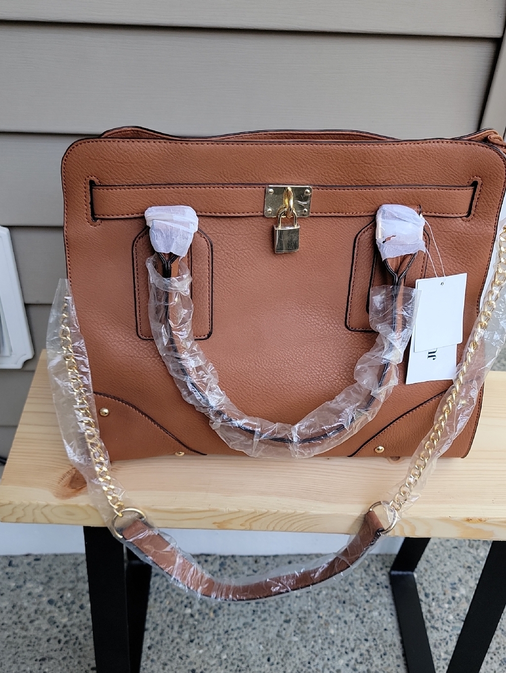 NWT JustFab Cognac Structured Satchel with Gold Lock